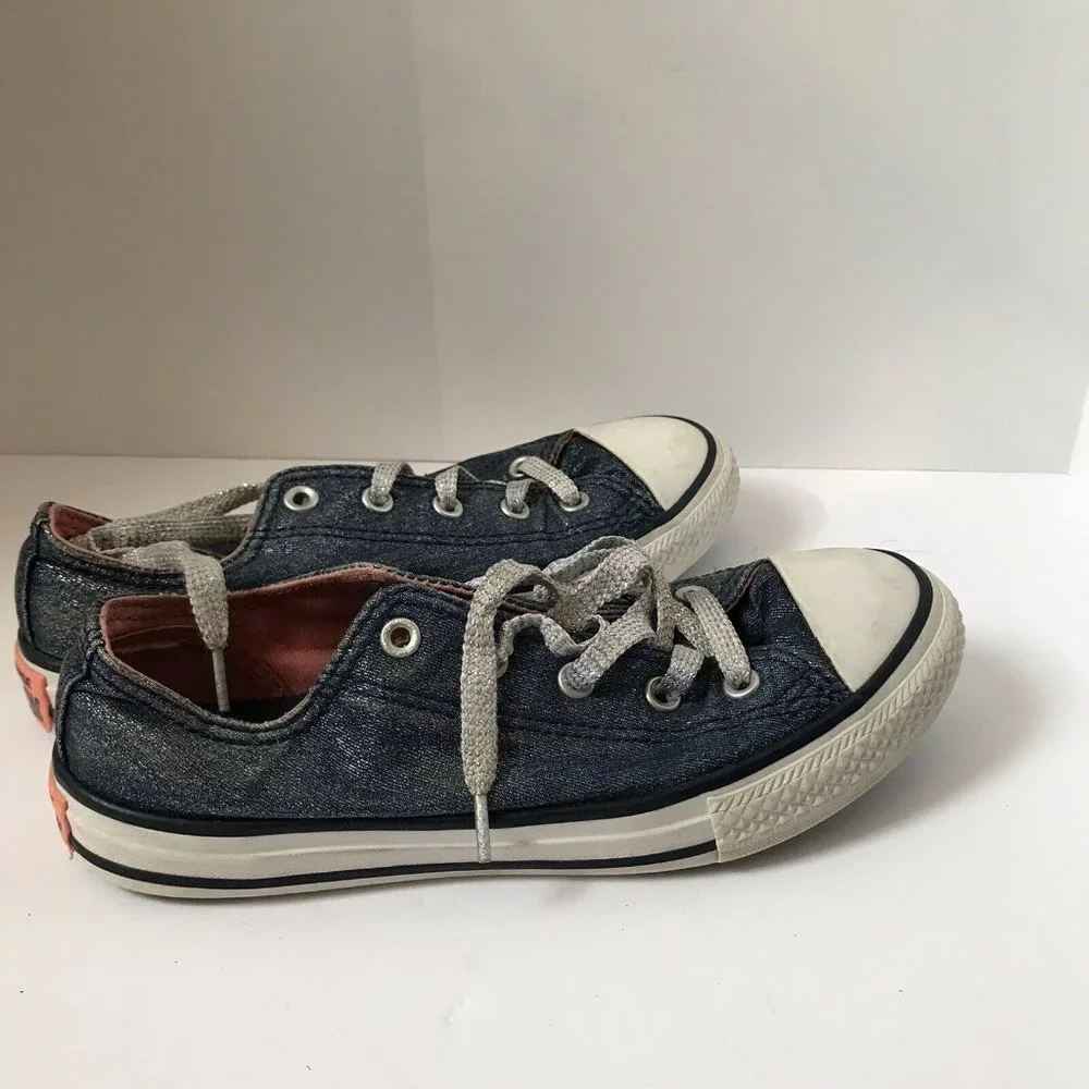 Converse All Star Kids Blue Glitter Denim Low Top Sneakers Silver Laces Size‎ 3Y